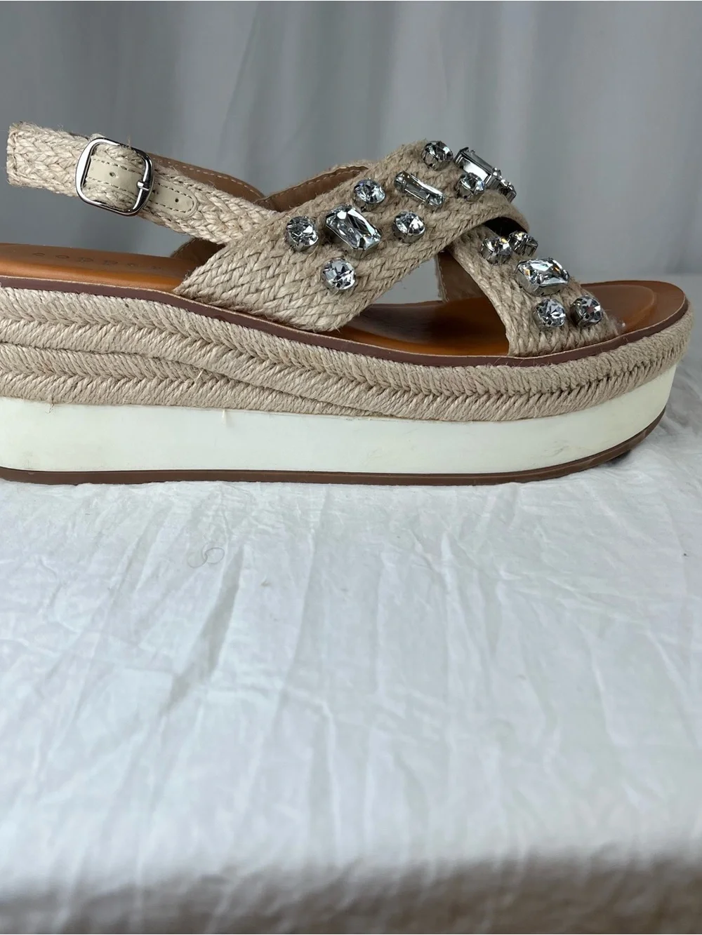 Copper Key Woven Strap Natural Beige Jeweled Platform Espadrille Sandals sz9.5